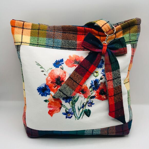 Handmade Tote Bag: Repurposed, Bright Bouquet on Plaid, Orange Blue Yellow Green - Picture 6 of 10